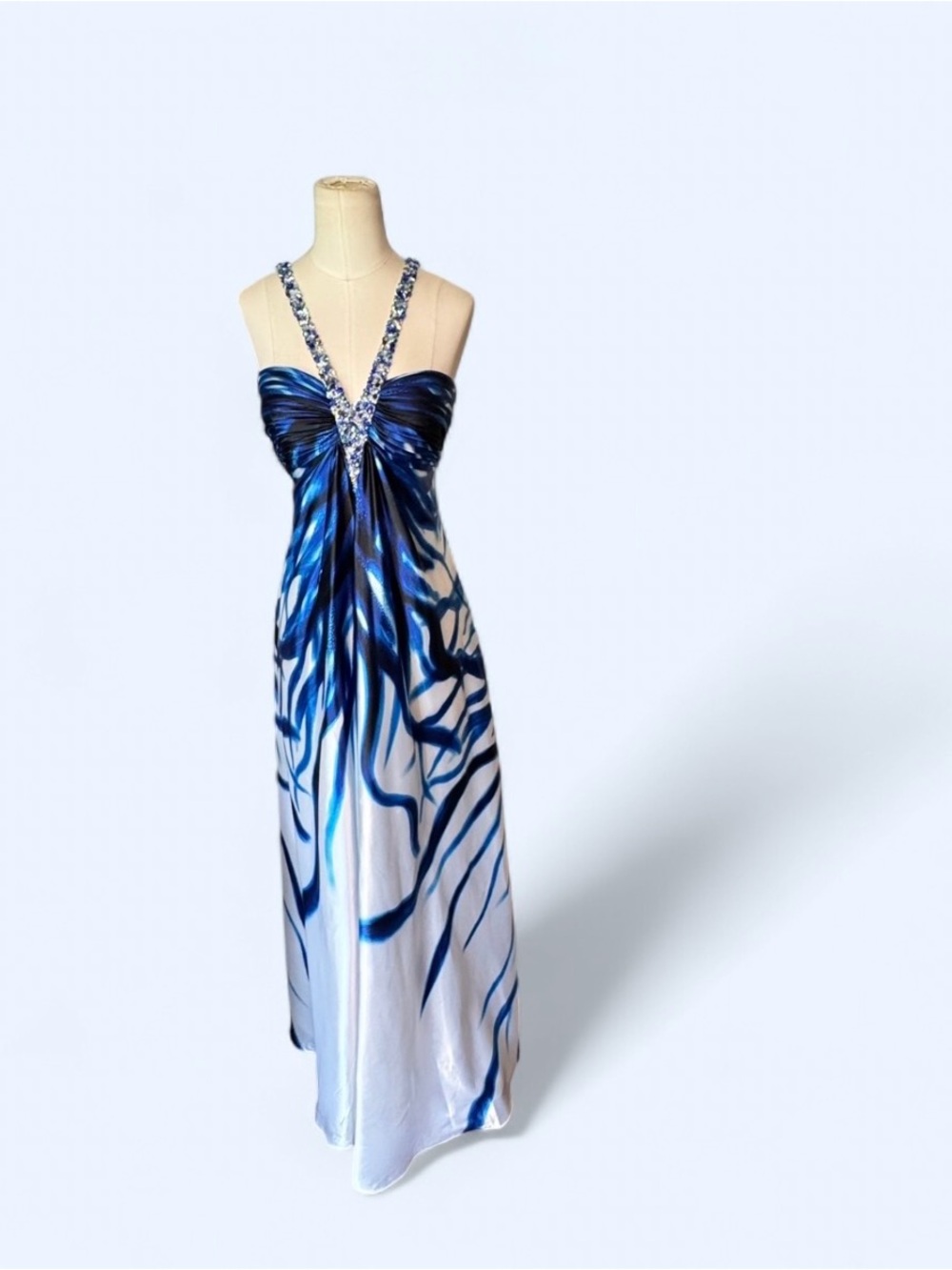 Cache Blue and White Beaded-Strap Maxi Dress lined with a slit at the bottom - Picture 4 of 15